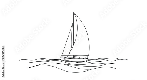 Simple hand drawn sketch of a sailboat with full sails gliding across wavy water in a minimalist black and white line art style