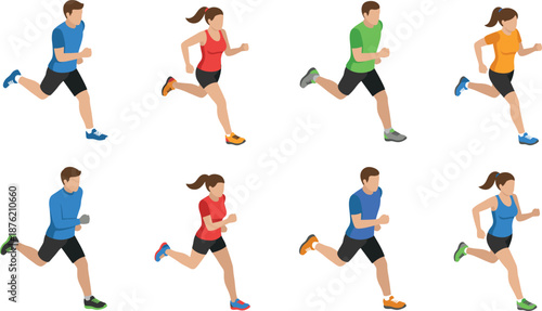 Running people illustration set, male and female joggers in motion, fitness workout exercise characters isolated vector on white