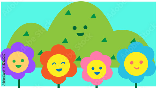 笑顔の花と山が並ぶかわいい自然イラスト