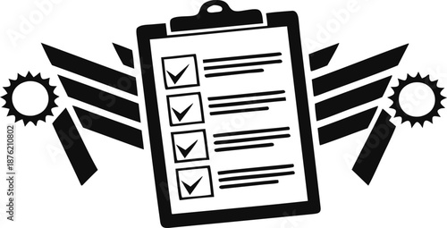 Checklist on clipboard with gear icons in background