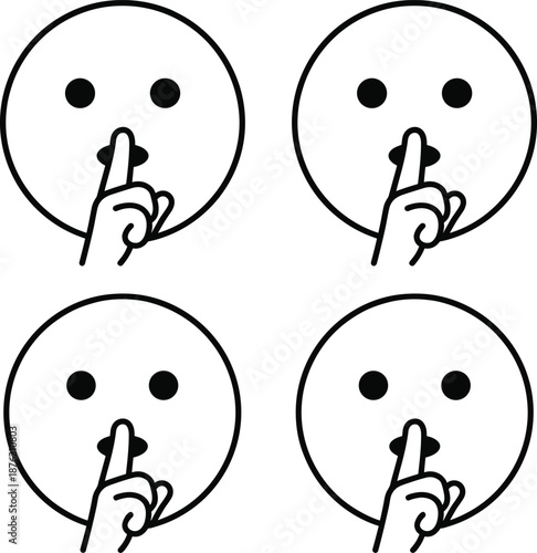 Silence face icon illustration set, quiet shh gesture symbol, minimal line emoji design isolated on white background
