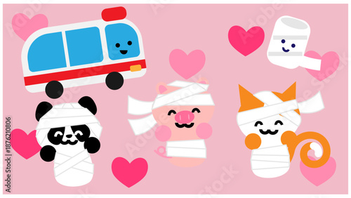 包帯を巻いた動物たちと救急車のかわいい医療イラスト