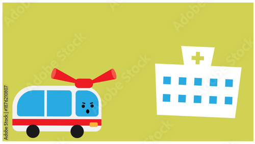 病院へ向かうかわいい救急車のキャラクターイラスト