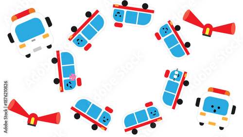 くるくる並んだ救急車のかわいいキャラクターイラスト