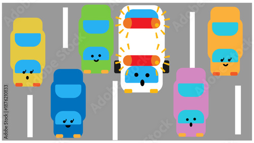 道路を走る車と救急車のかわいいキャラクターイラスト