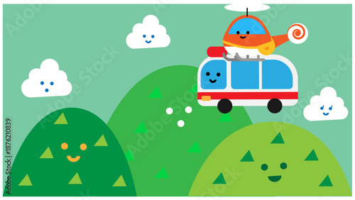山の上を走る救急車とヘリコプターのかわいいイラスト