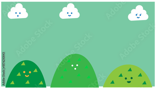 笑顔の山と雲が並ぶかわいい自然背景イラスト