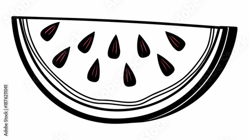 A simple illustration of a half slice of watermelon with seeds on a white background