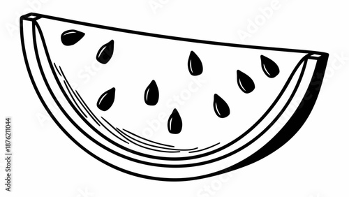 Black and white illustration of a watermelon slice with seeds