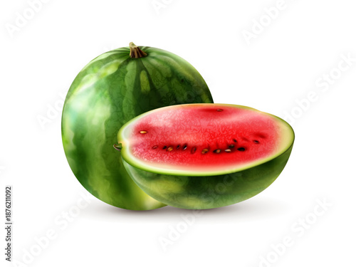 Realistic three dimensional watermelon fruit illustration showing whole and sliced pieces isolated for fresh food packaging summer advertising healthy nutrition and produce branding
