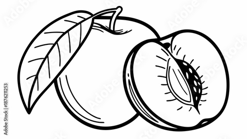 A simple line drawing of a peach with a leaf and a halved peach showing the pit