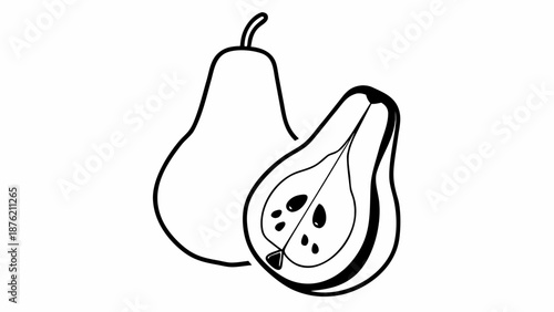 A simple line drawing of a whole fig and a halved fig on a white background