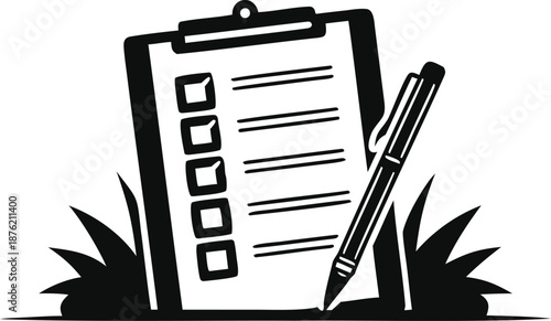 Clipboard with pen on checklist in dark background