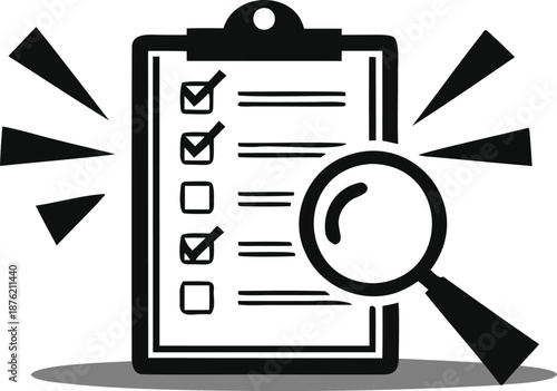 Checklist on clipboard with magnifying glass for inspection and verification
