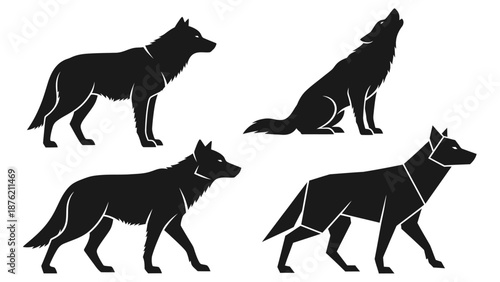 Set of four wolf silhouettes in different styles, clean vector illustrations.