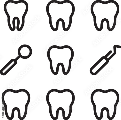 Collection of simple outline dental icons showing healthy teeth and basic dentistry tools