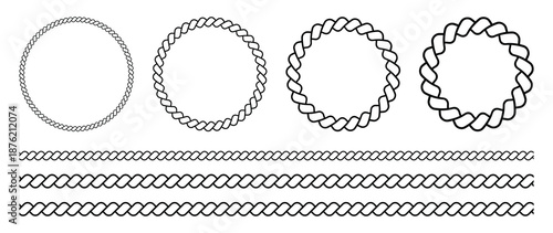 set decorative circle and line frames. round rope frame circle ropes rounded and line border decorative marine cable frame circles set. vector illustration.