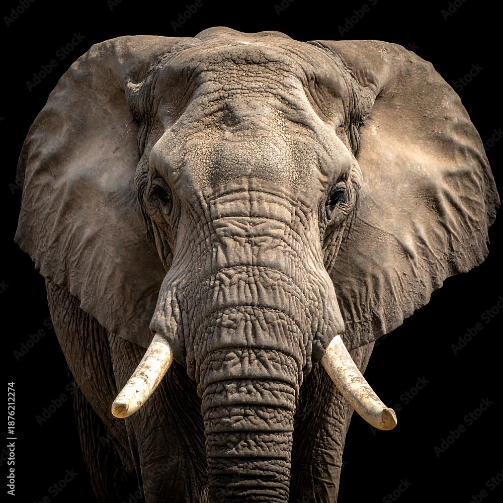 Fototapeta premium A close-up of an elephant's face with large ears and tusks on a black background