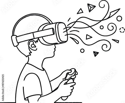 Boy wearing virtual reality goggles and holding a controller in his hands  experiencing a virtual world