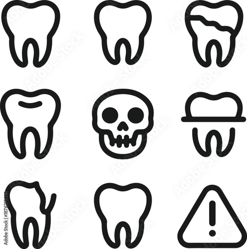 Set of nine black and white tooth and dental health related icons for medical or stomatology design