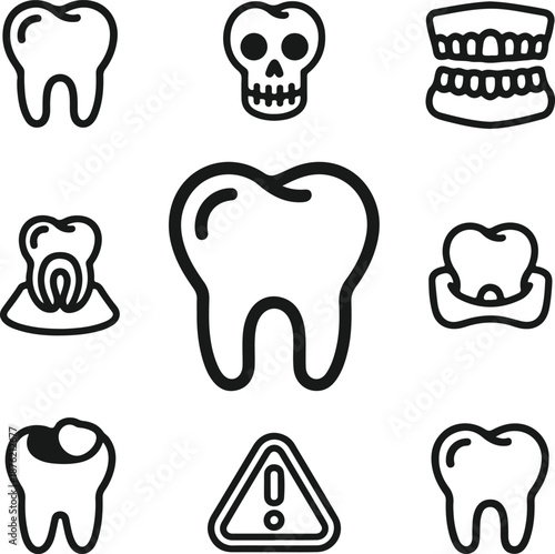 Set of dental icons tooth, skull, jaw, cavity, warning sign, and root canal outline vector illustrations