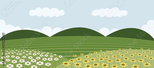 Vibrant Landscape with Blooming Flower Fields and Green Hills. Blooming Whispers of Spring Hill. Sunflower and daisy