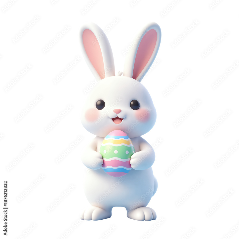 Obraz premium White rabbit holding a colorful Easter egg
