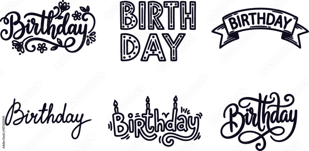 Fototapeta premium Collection of various birthday text and symbol illustrations decorative phrases and icons