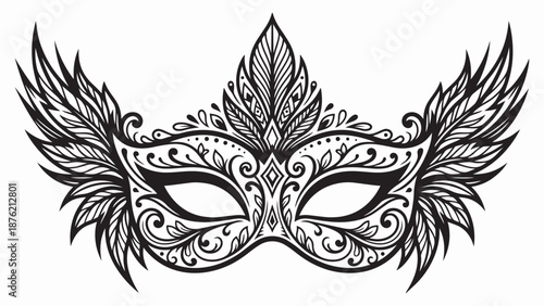 ornate masquerade mask with wings black and white vector illustration for mardi gras celebration high quality professional detailed modern elegant stylish clean
