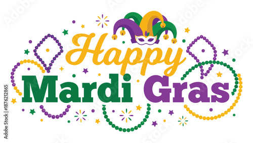 happy mardi gras typography banner with jester hat and beads vector illustration high quality professional detailed modern elegant stylish clean crisp vibrant