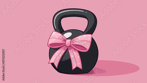 Black kettlebell adorned with a pink ribbon bow symbolizes fitness goals strength training motivation and the fusion of femininity with workout dedication on a pink backdrop