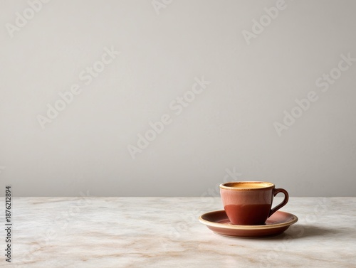 Wallpaper Mural A minimalist scene presents a lungo coffee in a simple brown cup and saucer, elegantly displayed on a light marble table against a plain, soft background. Torontodigital.ca
