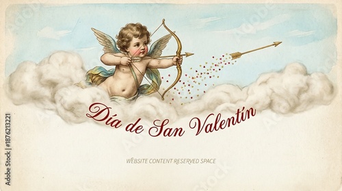 Cherub angel shooting arrows and surrounded by clouds for Valentine's Day  