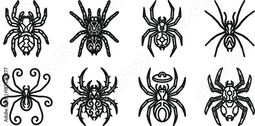 Collection of various black spider illustrations with unique designs on white background