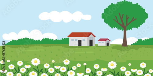 Peaceful Rural Landscape with Houses and Daisy Field. Farmhouse on Flowering Hill in Spring Time.