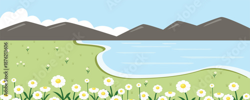 Peaceful Spring Landscape with Mountains, Lake, and Daisy Field. Countryside hill. Meadow landscape. 