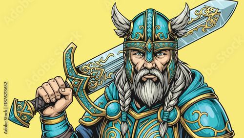 Viking Warrior with Sword - A Detailed Illustration of Norse Mythology.