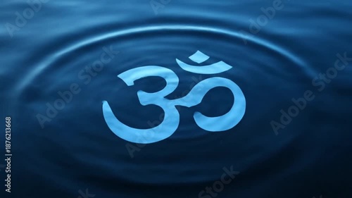 Close-up of Om symbol rippling in dark blue water with cinematic lighting.