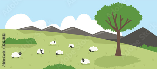 Cartoon Sheep Grazing in a Green Mountain Landscape. Farmhouse on the hill. Summer on the hill. Countryside.
