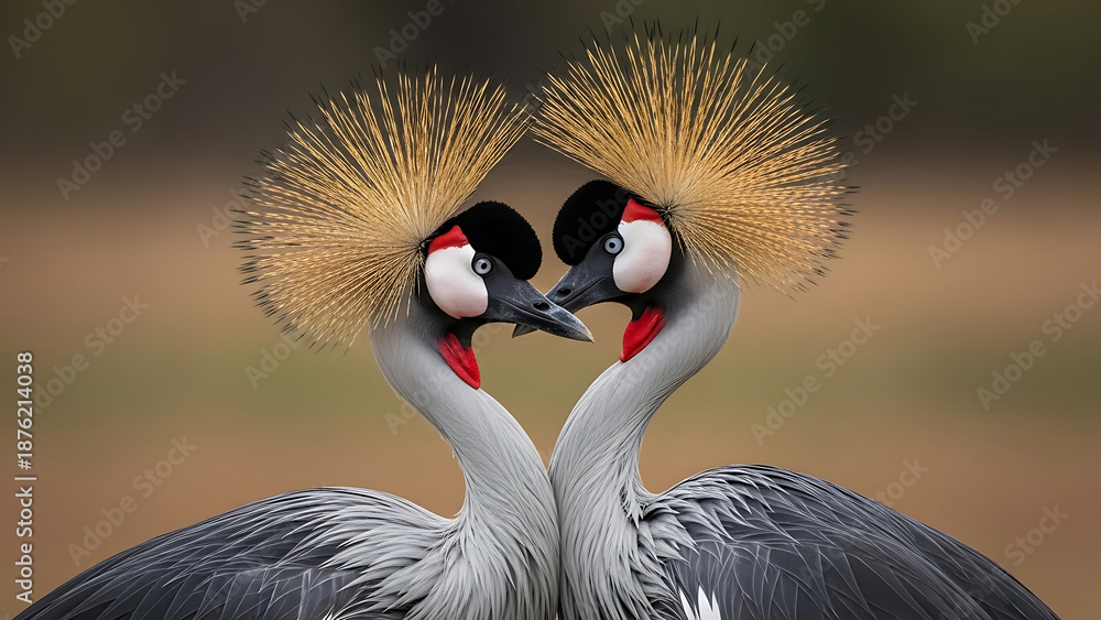 Fototapeta premium Two grey crowned cranes facing each other with golden crests forming heart shape against blurred brown background showcasing elegant bird courtship display and feathered plumage in savanna