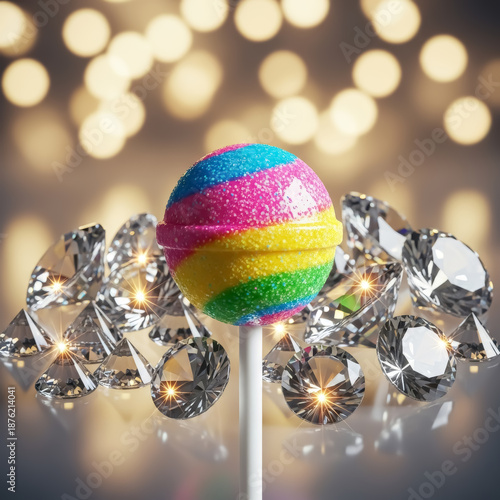 Colorful lollipop surrounded by sparkling decorations
