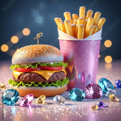 A delicious burger and fries with sparkling jewels on a table