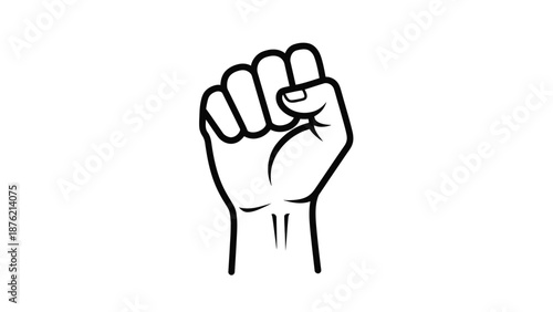 Simple black and white line art icon depicting a raised, clenched fist symbolizing power, protest, solidarity, and revolutionary spirit against a plain backdrop