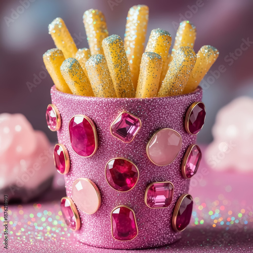 Blinged out breadsticks in a pink gemstone container on a glittery surface