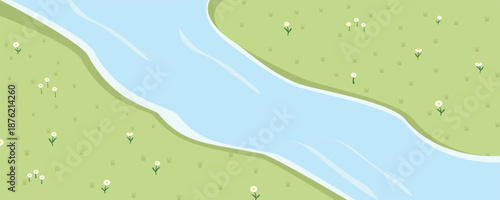 Peaceful Lakeside Landscape with Green Tree and Flowers. Park river. Countryside illustration. Summer background