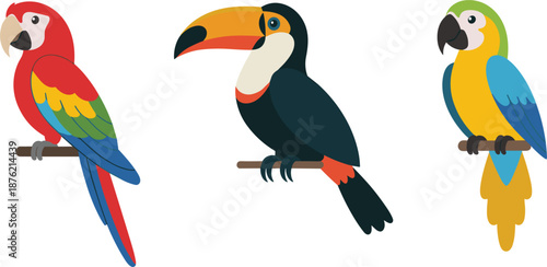 Collection of three vibrant tropical birds featuring a scarlet macaw toucan and yellow parrot icons