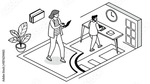 Modern office scene with coworkers interacting and working