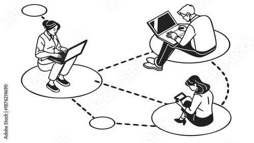 Remote workers collaborating online with laptops in modern workspace