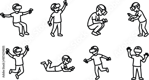 Set of people wearing VR headsets and holding controllers in various poses and movements  playing games or exploring virtual reality