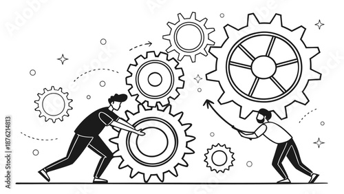 Teamwork in motion with people working together to move large gears